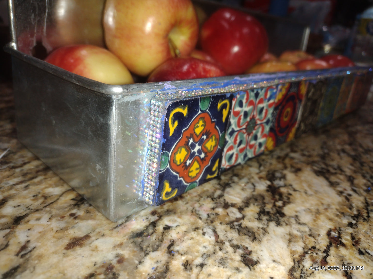 Metal tray w crystal grout. Talavera two inch tiles from Baja Mexico line the front