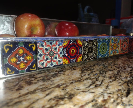 Metal tray w crystal grout. Talavera two inch tiles from Baja Mexico line the front